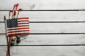 American stars and stripes flat lay over rustic wood background 4th of July memorial day in Americana style