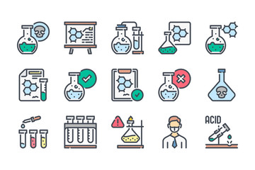 Poster - Laboratory and scientific equipment related color line icon set. Chemistry and Science Experiment colorful linear icons. Chemistry, Science and Laboratory flat color outline vector sign collection.