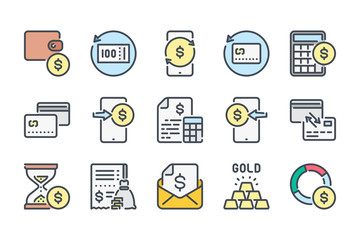 Payment and Money Transfer related color line icon set. Mobile Banking and Finance Transactions colorful linear icons. Money and Online Wallet flat color outline vector sign collection.