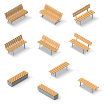 Vector Isometric Bench Collection. Set Of Outdoor Park Design Elements.