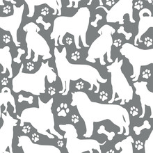 Pattern Of White Colors Dogs Background Illustration On Grey. Animal Collection. Seamless Surface Pattern.