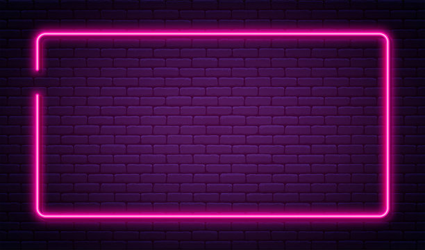 Neon sign in rectangle shape. Bright neon light, illuminated rectangle frame. Glowing purple neon tube on dark background. Signboard or banner template