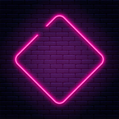 Wall Mural - Neon sign in rhombus shape. Bright neon light, illuminated rhombus frame. Glowing purple neon tube on dark background. Signboard or banner template in 80s and 90s style