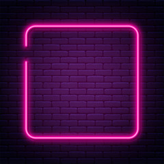Fototapete - Neon sign in square shape. Bright neon light, illuminated square frame. Glowing purple neon tube on dark background. Signboard or banner template in 80s and 90s style
