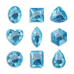 Gems of different shapes. Set of light blue crystals. Jewelry.