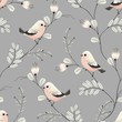 © Nikole - Floral seamless pattern of branches abstract tree with birds, flowers and leaves. Vector nature illustration on grey background.