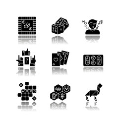 Wall Mural - Entertaining games drop shadow black glyph icons set. Traditional fun activities for family recreation and friendly parties. Different board games. Isolated vector illustrations on white space