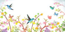 Banner With Stylized Spring Blooming Bushes. Border With Flying Birds And Butterflies For Your Design. Watercolor Painting