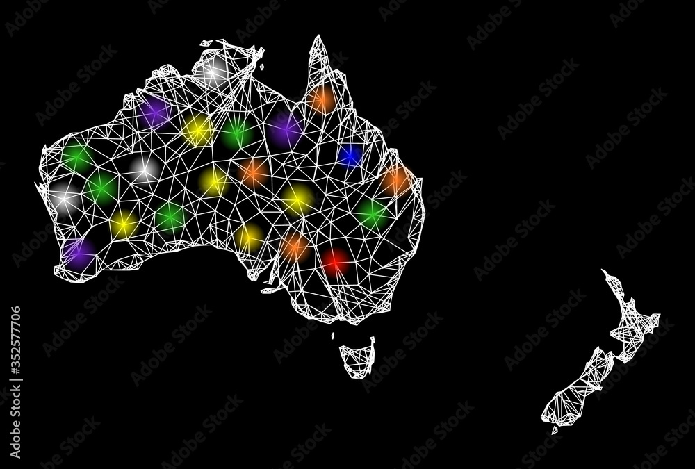 Web mesh vector map of Australia and New Zealand with glare effect on a ...