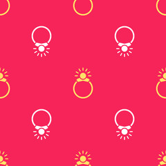 Yellow Fantasy magic stone ring with gem icon isolated seamless pattern on red background. Vector Illustration.