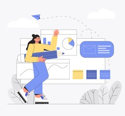 UI UX design concept of creating an application. Process of creating website template and programming. Happy young smiling female character holds a large pencil and presents the project. 