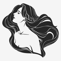 portrait of a girl with long hair in profile, contour, without filling