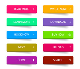  - Flat web button for design ui. Action call icon for navigation in app. Graphic buttons with learn more, read, download text for menu on website page. Infographic sign collection. vector