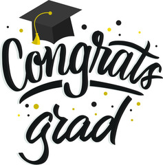 Sticker - Hand Lettering congrats grad with illustration of master hat. Modern calligraphy.