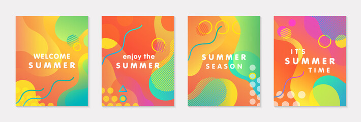 Bundle of modern vector summer posters with bright gradient background,shapes and geometric elements.Trendy abstract design perfect for prints,social media,banners,invitations,branding design,covers