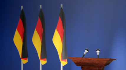 Wall Mural - Press conference of premier minister of Germany concept, Politics of Germany. Podium speaker tribune with Germany flags and coat arms. 3d rendering