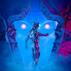 Wall Mural - Overlord of Titan / 3D illustration of science fiction cyborg preparing to face evil giant robot