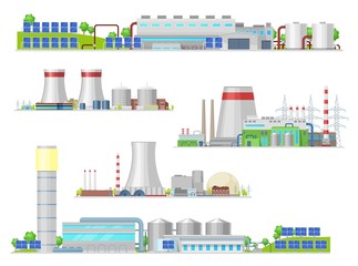 Nuclear and power plant, gas station isolated vector building icons. Industrial buildings and factory facilities, energy production. Nuclear reactor and pipes, air pollution industrial pipelines