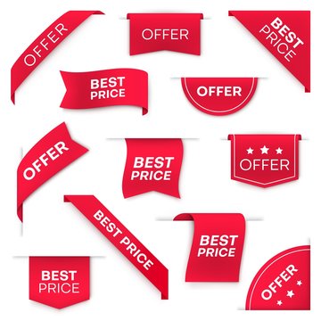 Best price, special offer vector banners or labels. Red ribbon, bookmark for web page and corners, arrow and round price tags. Sale promotion, business offer banners 3d realistic design elements