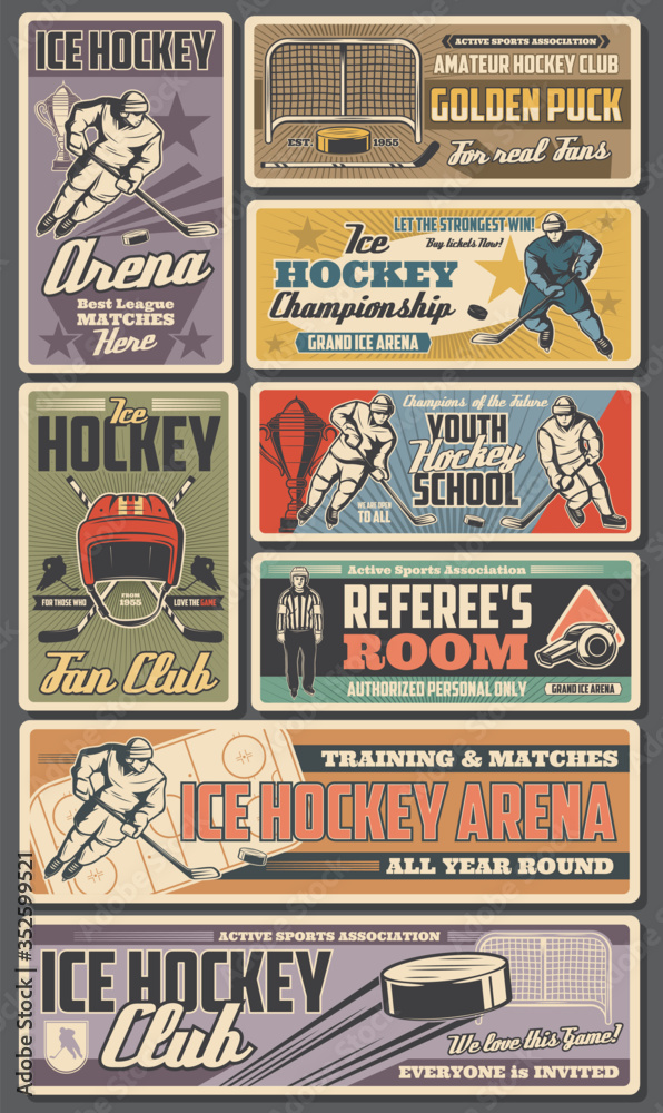 Ice hockey retro posters, vector sport team players with sticks, pucks and winner trophy cup. Referee on rink, skates and goalie mask, goal gate, uniform and helmet. Championship, hockey club banners - obrazy, fototapety, plakaty 
