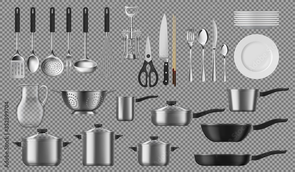 Kitchenware and tableware, dishware and crockery vector cooking set. Isolated tableware plates, cookware pots, ladle and skimmer, silver fork and spoon. Corkscrew, colander and pitcher, saucepans - obrazy, fototapety, plakaty 