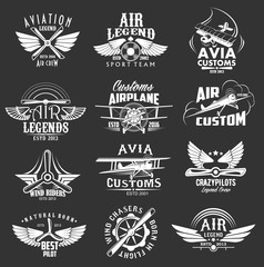 Wall Mural - Aviation heraldic icons set, isolated vector labels avia customs and retro aviation symbols of airplane propeller and aircraft wings. Vintage airscrew for aviation legend or best pilot wind chasers