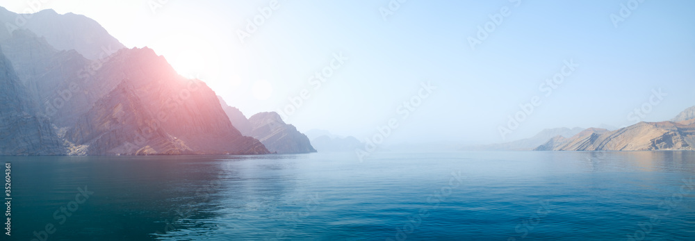 Sea tropical landscape with mountains and fjords, Oman - obrazy, fototapety, plakaty 