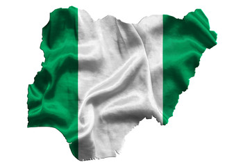 Waving textile flag of Nigeria fills country map. White isolated background, 3d illustration.