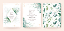 Golden Greenery Wedding Invitation Template Set With Leaves, Glitter, Frame, And Pattern. Floral Decoration Vector For Save The Date, Greeting, Thank You, Rsvp, Etc
