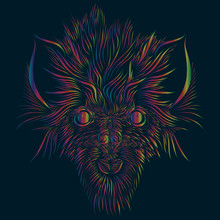 Abstract Shaggy Head Of A Wolf And A Mythical Animal With Big Ears Of Pink And Green And Red And Yellow Colors On A Dark Blue Background