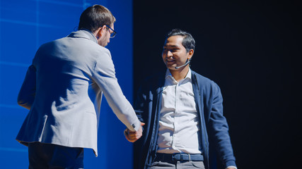 Aufkleber - On Stage: Startup CEO Greets Tech Guru During Presentation of a New Product. Speakers Lead Lecture on Business, Science, Technology, Health, Ecology, Development, Leadership and all Things Digital