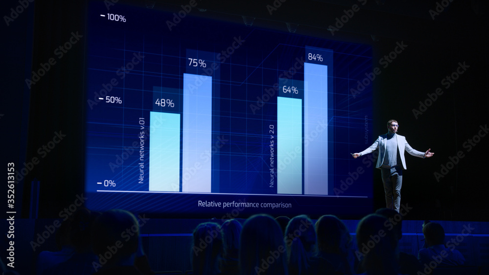Business Forum Economics Conference Stage: Professional Speaker Concludes His Report with a Speech and Showing Infographics, Statistics on the Big Screen. - obrazy, fototapety, plakaty 