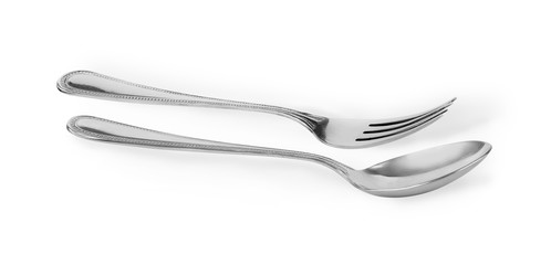 Wall Mural - Steel spoon and fork isolated on white background.