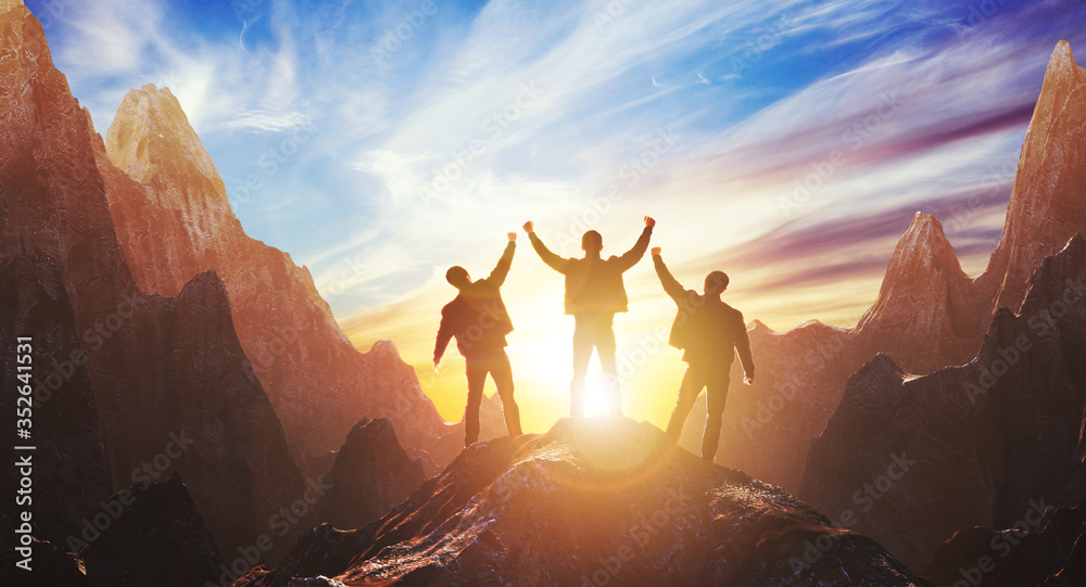 Silhouette of a team of three people celebrating victory against the backdrop of mountains and sunset. 3d rendering - obrazy, fototapety, plakaty 