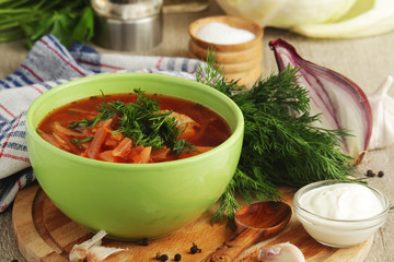 A bowl with traditional Ukrainian borscht