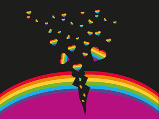 Broken rainbow with color small hearts on a black background.