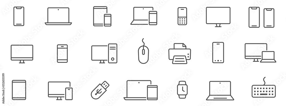 Device and technology line icon set. Electronic devices and gadgets, computer, equipment and electronics. Computer monitor, smartphone, tablet and laptop sumbol collection - stock vector. - obrazy, fototapety, plakaty 