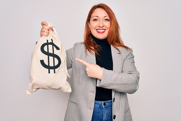 Poster - Young beautiful redhead woman holding bag with money and dollar sign over white background very happy pointing with hand and finger