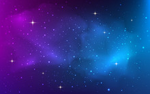 Space Background With Bright Shining Stars. Colorful Starry Cosmos With Realistic Nebula. Purple Stardust Galaxy. Magic Night With Milky Way Texture. Vector Illustration