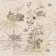 Vector Abstract Seamless Pattern On The Theme Of Travel, Adventure And Discovery And Pirates. Vintage Repeating Background With Hand-drawn Ships, Anchors, Wind Rose And Islands.