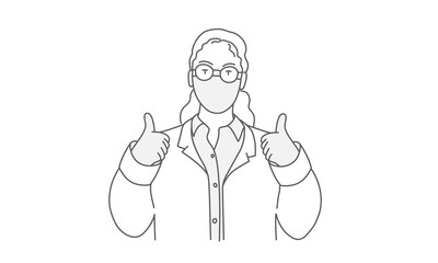 Wall Mural - Doctor in protective mask showing thumb up. Doctor wearing surgical mask for corona virus. Line drawing vector illustration.