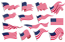 Collection Waving Flags Of The United States Of America. Illustration Of Wavy American Flags. National Symbol, American Flags On White Background - Vector Illustration