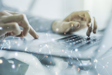 Poster - Double exposure of technology hologram and hands typing on laptop on background. Research and development software concept