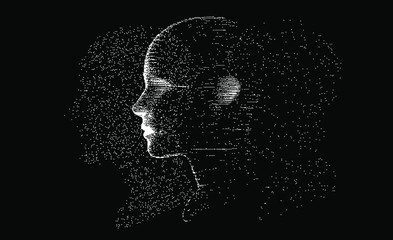 Aufkleber - Artificial intelligence and Machine Learning concept. Human head with glitched pixels, distorted profile of a woman made of square particles.