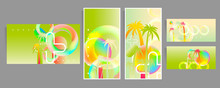 Abstract Set Summer Background Universal Art Web Header Template. Collage Made With Vibrant Palm Colors And Graphic Elements