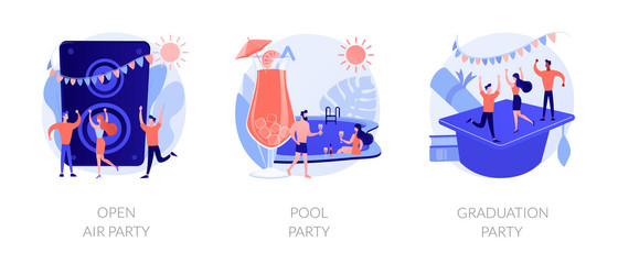 Wall Mural - Outdoor music festival, tropical summer recreation, school graduation celebration icons set. Open air party, pool party, prom party metaphors. Vector isolated concept metaphor illustrations