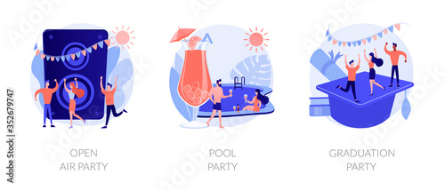 Outdoor music festival, tropical summer recreation, school graduation celebration icons set. Open air party, pool party, prom party metaphors. Vector isolated concept metaphor illustrations