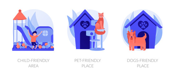 Poster - Urban environments flat icons set. Kids playground, domestic animals park. Child-friendly area, pet-friendly place, dogs-friendly place metaphors. Vector isolated concept metaphor illustrations.