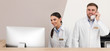 © New Africa - Professional staff working at reception in modern clinic. Banner design