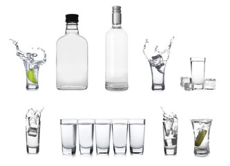 Poster - Set with bottles and shots of vodka on white background